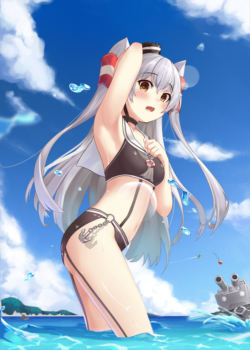 aircraft airplane amatsukaze_(kantai_collection) arm_up armpits blush breasts brown_eyes cloud day eyebrows_visible_through_hair fang firing from_side hair_between_eyes hair_tubes hat highres kantai_collection leaning_forward lens_flare mini_hat muji_(majunduo) open_mouth outdoors rensouhou-kun sailor_collar silver_hair sky small_breasts smoke smokestack_hair_ornament standing swimsuit tilted_headwear two_side_up wading water water_drop