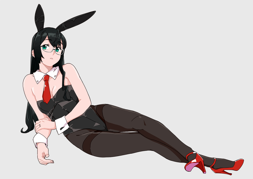 animal_ears bare_arms bare_shoulders black_hair black_legwear black_leotard breasts bunny_ears bunny_tail bunnysuit commentary_request detached_collar fake_animal_ears film_grain full_body glasses green_eyes grey_background hand_on_own_arm highleg highleg_leotard kantai_collection legs leotard long_hair looking_at_viewer lying necktie ojipon on_side ooyodo_(kantai_collection) open_toe_shoes pantyhose red_footwear red_neckwear semi-rimless_eyewear short_necktie simple_background small_breasts solo strapless strapless_leotard strappy_heels tail thighband_pantyhose under-rim_eyewear wing_collar wrist_cuffs