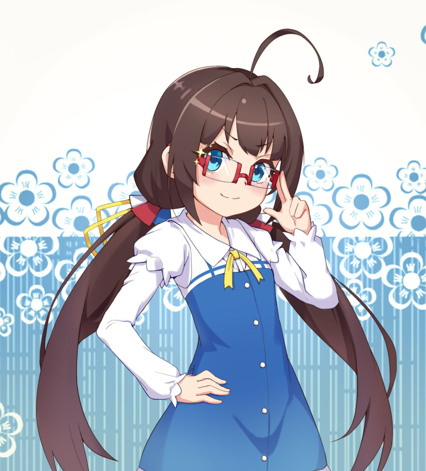 ahoge bespectacled blue_eyes brown_hair closed_mouth dress eyebrows_visible_through_hair floral_background glasses hand_on_hip head_tilt highres hinatsuru_ai long_hair long_sleeves looking_at_viewer low_twintails muji_(majunduo) puffy_short_sleeves puffy_sleeves red-framed_eyewear ryuuou_no_oshigoto! school_uniform short_sleeves smile solo sparkle twintails v-shaped_eyebrows very_long_hair