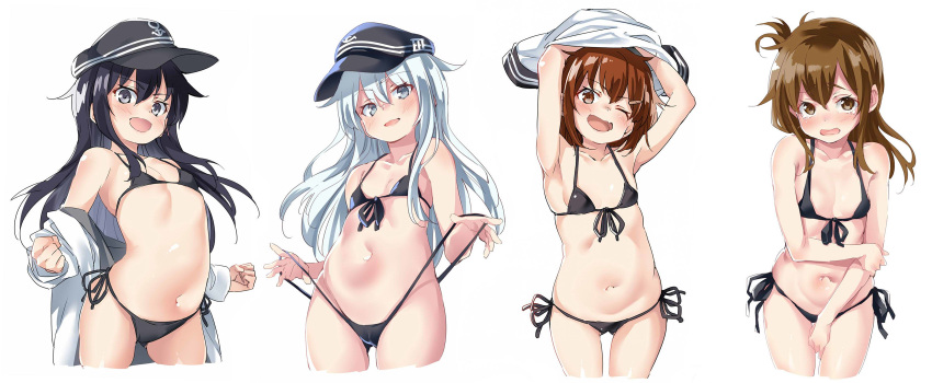 :d absurdres akatsuki_(kantai_collection) alternate_costume anchor_symbol arched_back armpits arms_up ass_visible_through_thighs bare_arms bare_shoulders belly bikini bikini_pull black_bikini blue_eyes blush breasts brown_eyes brown_hair cleavage clothes_down collarbone come_hither commentary covered_nipples cowboy_shot cropped_legs ebifurya eyebrows_visible_through_hair eyes_visible_through_hair flat_cap flat_chest front-tie_top hair_between_eyes hair_ornament hairclip hat head_tilt hibiki_(kantai_collection) highres ikazuchi_(kantai_collection) inazuma_(kantai_collection) kantai_collection long_hair looking_at_viewer messy_hair micro_bikini multiple_girls navel one_eye_closed open_mouth purple_eyes purple_hair revealing_clothes shiny shiny_skin side-tie_bikini silver_hair simple_background small_breasts smile swimsuit thighs undressing white_background