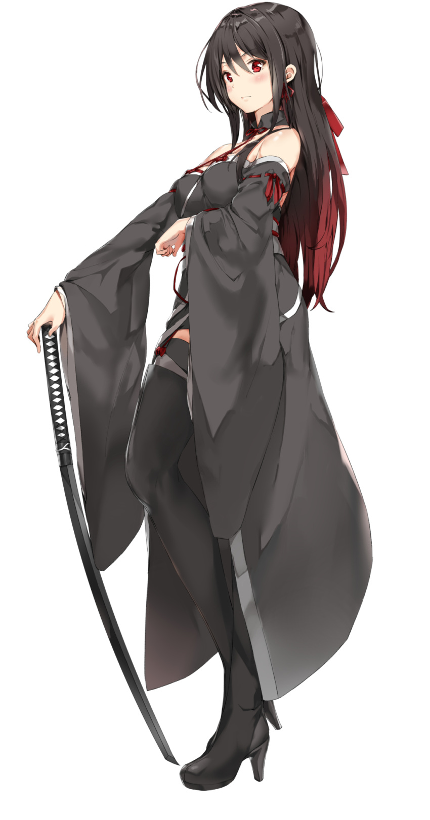bangs bare_shoulders black_footwear black_hair black_kimono blush boots breasts closed_mouth commentary_request detached_sleeves eyebrows_visible_through_hair from_side full_body gradient_hair hair_ribbon high_heel_boots high_heels highres holding holding_sword holding_weapon japanese_clothes katana kimono long_hair looking_at_viewer looking_to_the_side medium_breasts multicolored_hair neck_ribbon original pixel_(yuxian) red_eyes red_hair red_neckwear red_ribbon ribbon ribbon-trimmed_sleeves ribbon_trim sidelocks simple_background solo standing straight_hair strap_gap sword thigh_boots thighhighs v-shaped_eyebrows very_long_hair weapon white_background wide_sleeves