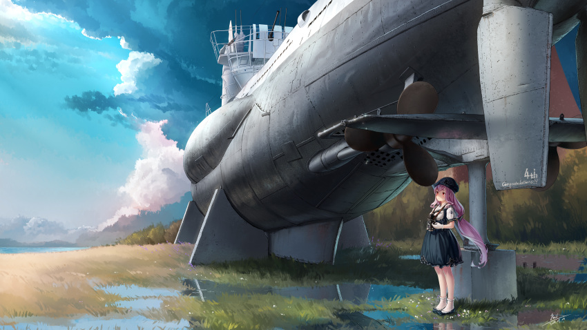 absurdres blue_sky camera cloud day eyebrows_visible_through_hair gloves hat highres long_hair looking_up outdoors peaked_cap pink_hair ponytail rail_(silverbow) red_eyes signature sky solo standing submarine u96_(zhan_jian_shao_nyu) watercraft white_gloves zhan_jian_shao_nyu