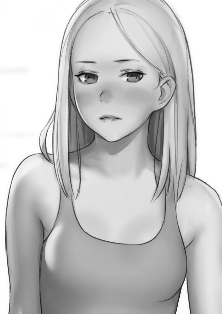 bare_shoulders blush closed_mouth commentary english_commentary forehead greyscale highres jeff_macanoli looking_at_viewer medium_hair monochrome original simple_background solo tank_top white_background