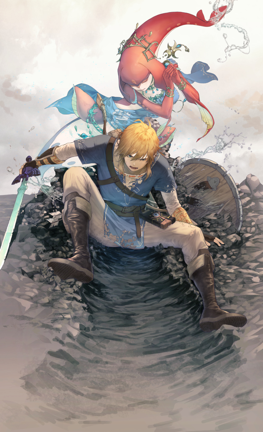 1girl absurdres arrow blonde_hair boots damaged fins fish_girl hair_ornament highres holding holding_sword holding_weapon jewelry link long_hair master_sword mieyuckman mipha monster_girl multicolored multicolored_skin no_eyebrows open_mouth pointy_ears red_hair red_skin sheikah_slate shield sword the_legend_of_zelda the_legend_of_zelda:_breath_of_the_wild tunic weapon yellow_eyes