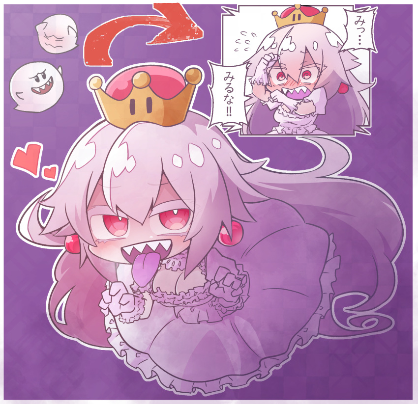 blush boo breasts check_commentary cleavage commentary commentary_request crown directional_arrow dress flying_sweatdrops ghost gloves hair_between_eyes heart highres long_hair luigi's_mansion mario_(series) new_super_mario_bros._u_deluxe open_mouth princess_king_boo red_eyes rhmainasu sharp_teeth super_crown super_mario_bros. surprised sweatdrop teeth tongue tongue_out translated white_dress white_hair