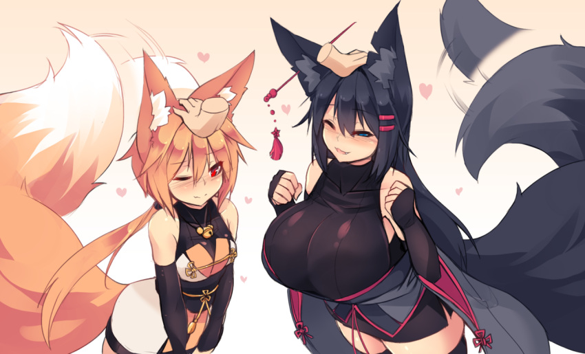 ;3 animal_ear_fluff animal_ears arms_up bare_shoulders black_gloves black_hair black_legwear black_ribbon blue_eyes blush breasts bridal_gauntlets commentary covered_collarbone disembodied_limb ear_piercing elbow_gloves english_commentary eyebrows_visible_through_hair fang fox_ears fox_girl fox_tail gloves hair_between_eyes hair_ornament hair_ribbon hairclip half-closed_eye hand_on_another's_head heart japanese_clothes kiri_(sub-res) large_breasts large_tail long_hair long_sleeves looking_at_viewer multiple_girls notched_ear one_eye_closed orange_hair original parted_lips petting piercing red_eyes ribbon sash short_hair sleeveless small_breasts smile sub-res suzu_(sub-res) tail tail_wagging thighhighs wide_sleeves