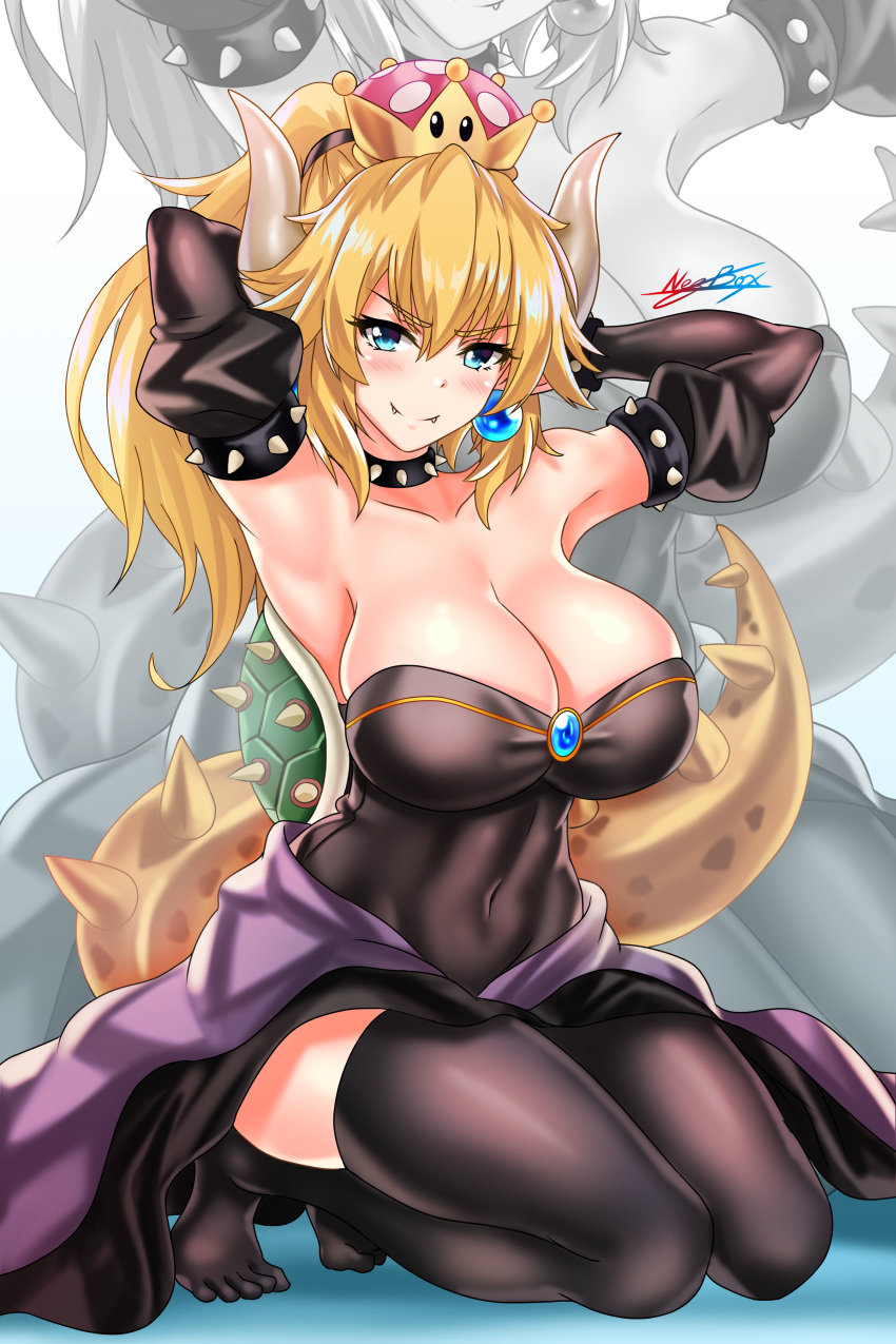 absurdres armlet armpits arms_behind_head arms_up bangs bare_shoulders black_dress black_legwear blonde_hair blue_eyes blush bowsette bracelet breasts brooch cleavage closed_mouth collar collarbone commentary covered_navel crown detached_sleeves dress earrings fang_out fangs hair_between_eyes highres horns jewelry kneeling large_breasts long_hair looking_at_viewer mario_(series) new_super_mario_bros._u_deluxe nez-kun no_shoes ponytail sidelocks signature smile solo spiked_bracelet spiked_collar spikes super_crown tail thighhighs thighs turtle_shell