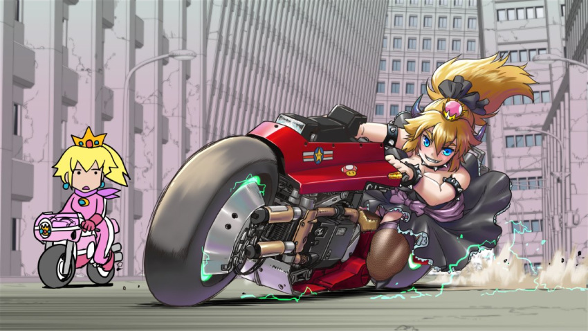 akira blonde_hair blue_eyes boots bowsette bracelet building collar commentary_request crown d: dress earrings electricity eyebrows_visible_through_hair food frills fruit gloves grin ground_vehicle hair_between_eyes hair_ribbon horns jewelry jitome lamppost mario_(series) mario_kart motor_vehicle motorcycle multiple_girls mushroom new_super_mario_bros._u_deluxe open_mouth princess_peach racing_suit ribbon sash scarf shio_no.9 smile solid_circle_eyes spiked_armlet spiked_bracelet spiked_collar spikes star strapless strapless_dress super_crown super_mario_bros. thighhighs