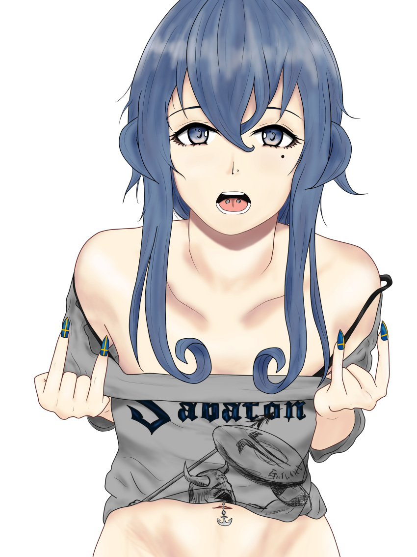 \m/ absurdres blue_eyes blue_hair commentary gotland_(kantai_collection) hair_between_eyes hair_bun helmet highres kantai_collection kilroylw long_hair mole mole_under_eye nail_art navel_piercing piercing polearm sabaton_(band) shield shirt solo spear swedish_flag tattoo tongue_piercing weapon