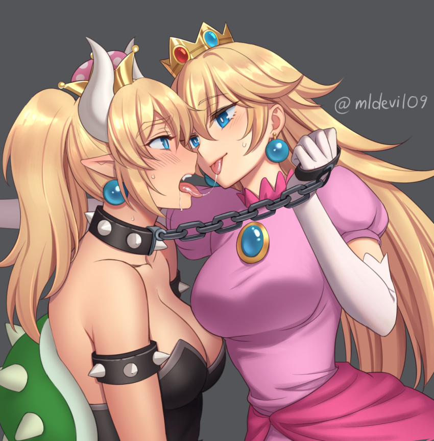 :p after_kiss bare_shoulders bdsm blonde_hair blush bondage bound bowsette breasts chain chained cleavage collarbone commentary_request crown dress earrings elbow_gloves eye_contact eyebrows_visible_through_hair face-to-face fang femdom gloves half-closed_eyes jewelry large_breasts long_hair looking_at_another mario_(series) multiple_girls mylovelydevil new_super_mario_bros._u_deluxe open_mouth pointy_ears ponytail princess princess_peach puffy_short_sleeves puffy_sleeves role_reversal saliva saliva_trail shell short_sleeves sleeveless sleeveless_dress super_crown super_mario_bros. sweatdrop tongue tongue_out twitter_username upper_body white_pupils yuri