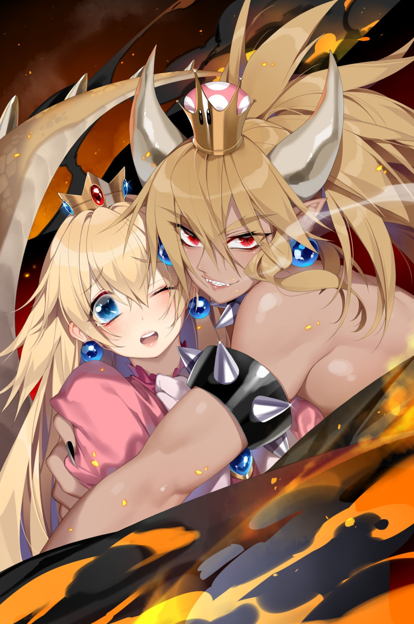 bangs bare_shoulders black_dress blonde_hair blue_eyes blush bowsette breast_press collar commentary crown dark_skin deathalice dress earrings embers english_commentary eyebrows_visible_through_hair fangs fiery_background fire gloves hair_between_eyes highres holding_another horns jewelry lips long_hair long_ponytail looking_at_viewer mario_(series) multiple_girls nail_polish new_super_mario_bros._u_deluxe one_eye_closed open_mouth pink_dress pointy_ears princess_peach red_eyes sharp_teeth sidelocks smile smoke smoke_trail spiked_armlet spiked_collar spiked_tail spikes super_crown super_mario_bros. tail tearing_up teeth thick_eyebrows toned upper_body v-shaped_eyebrows very_long_hair white_gloves