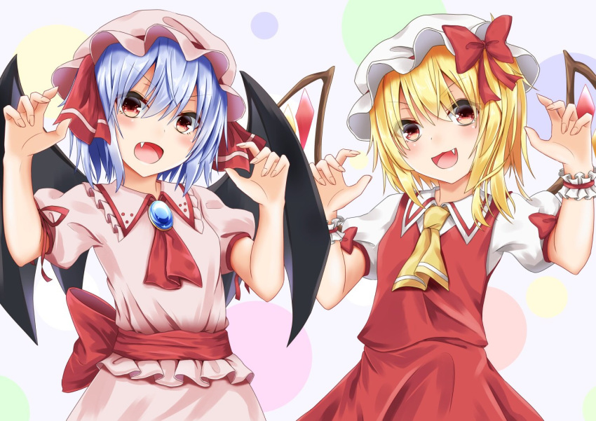 :d ascot bangs bat_wings blonde_hair blue_hair blush bow breasts brooch circle claw_pose commentary_request cowboy_shot crystal dress eyebrows_visible_through_hair eyes_visible_through_hair fang flandre_scarlet frilled_shirt_collar frills grey_background hair_between_eyes hands_up hat hat_bow hat_ribbon head_tilt jewelry looking_at_viewer mob_cap multiple_girls one_side_up open_mouth pink_dress pink_hat puffy_short_sleeves puffy_sleeves red_bow red_eyes red_neckwear red_ribbon red_sash red_skirt red_vest remilia_scarlet ribbon santarou shirt short_sleeves siblings sisters skirt small_breasts smile touhou v-shaped_eyebrows vest white_hat white_shirt wings wrist_cuffs yellow_neckwear