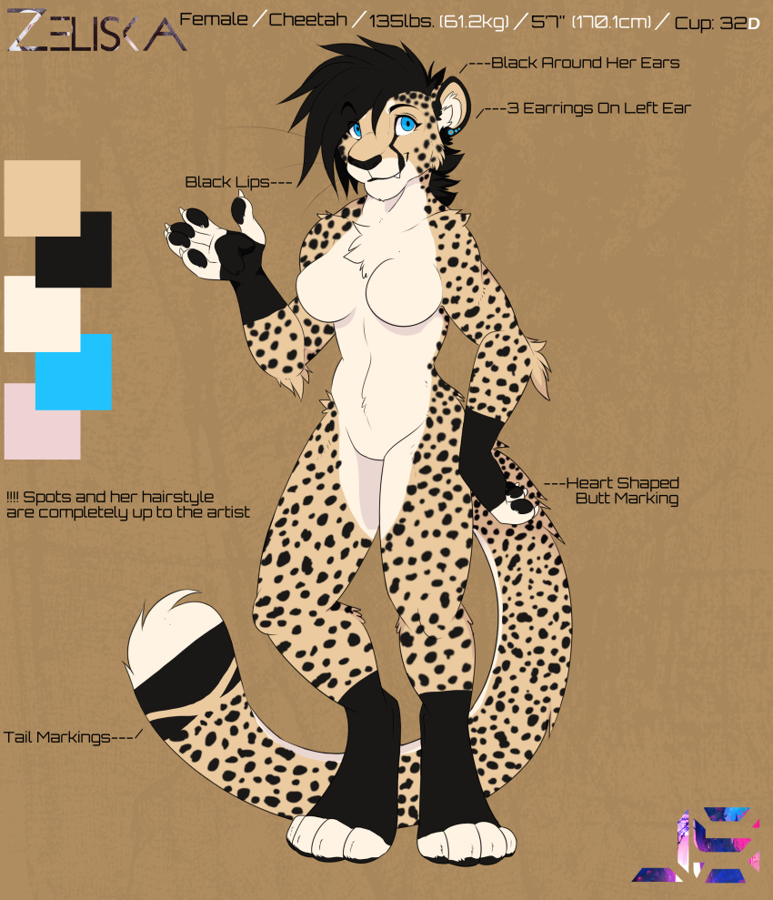 4_toes 5_fingers anthro big_breasts biped black_hair breasts cheetah chest_tuft chesta claws english_text facial_markings fangs featureless_breasts feline female fur hair humanoid_hands long_hair mammal markings model_sheet nude pawpads paws signature spots spotted_fur standing text toes tuft waving zeliska