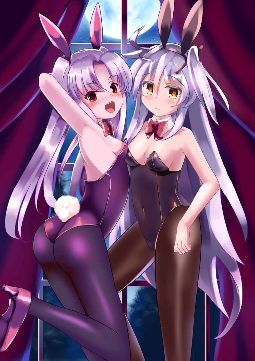:d animal_ears armpits ass black_legwear blush bow bowtie breasts brown_eyes brown_legwear bunny_ears bunny_girl bunnysuit commentary_request covered_navel detached_collar eden_(sennen_sensou_aigis) eyebrows_visible_through_hair fake_animal_ears fran_(sennen_sensou_aigis) full_moon hand_up highres indoors kan_ten long_hair moon multiple_girls night night_sky open_mouth pantyhose purple_hair red_bow sennen_sensou_aigis silver_hair sky small_breasts smile standing standing_on_one_leg very_long_hair window