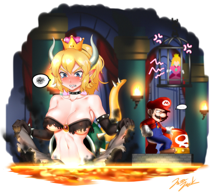 2girls anger_vein armlet bare_shoulders blonde_hair blood blue_eyes blush bowsette bracelet burnt_clothes buttons cage castle collar commentary crown dress earrings highres horns jazzjack jewelry mario mario_(series) molten_rock multiple_girls new_super_mario_bros._u_deluxe nosebleed pointy_ears ponytail princess_peach sharp_teeth spiked_bracelet spiked_collar spikes super_crown super_mario_bros. tail tears teeth torch turtle_shell
