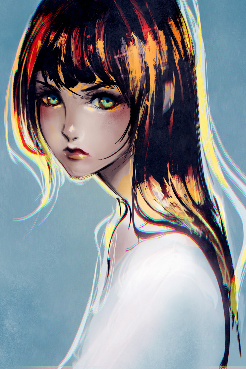 absurdres black_hair blue_background blue_eyes closed_mouth commentary face highres lips long_hair looking_at_viewer original profile sketch solo speedpaint wenqing_yan