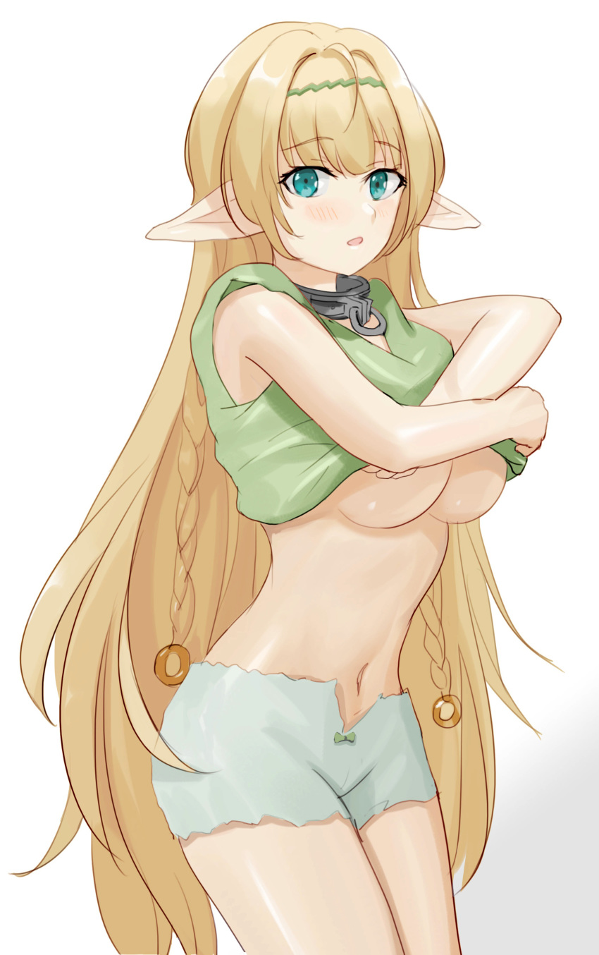 1girl aqua_eyes blonde_hair blush braid breasts chaji_h collar crop_top elf eyebrows_visible_through_hair huge_breasts isekai_maou_to_shoukan_shoujo_dorei_majutsu long_hair looking_at_viewer navel no_bra parted_lips pointy_ears shera_l_greenwood shorts simple_background solo standing underboob