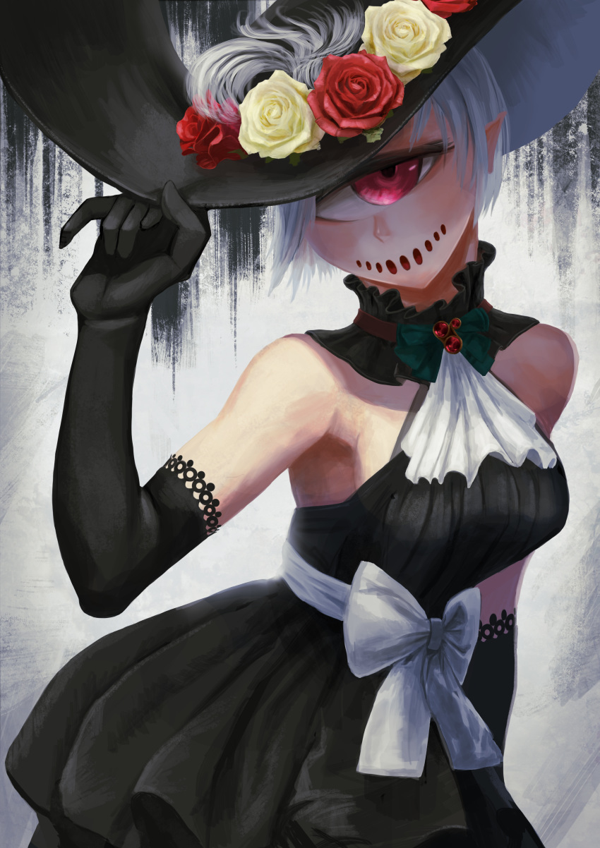 absurdres ascot bare_shoulders black_dress black_gloves breasts commentary_request cyclops dress elbow_gloves flower gino gloves hand_up hat highres looking_at_viewer medium_breasts one-eyed original pointy_ears red_eyes red_flower red_rose rose smile solo white_hair white_neckwear yellow_flower yellow_rose