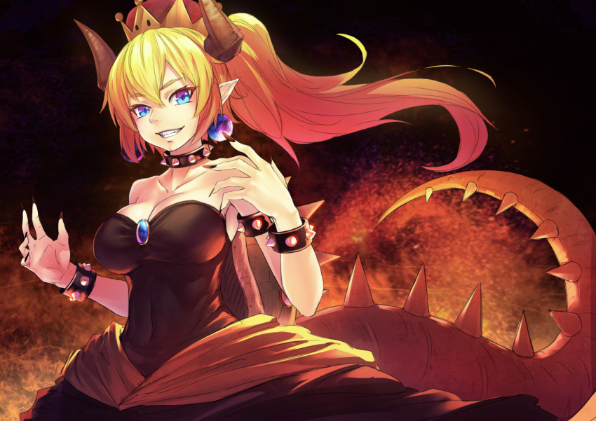 bare_shoulders black_dress blonde_hair blue_eyes bowsette bracelet breasts cleavage collarbone commentary_request crown dress earrings fingernails grin horns jewelry large_breasts long_fingernails long_hair mario_(series) nail_polish new_super_mario_bros._u_deluxe pointy_ears ponytail sharp_teeth shell smile solo spiked_armlet spiked_bracelet spiked_tail spikes strapless strapless_dress sugi_214 super_crown tail teeth