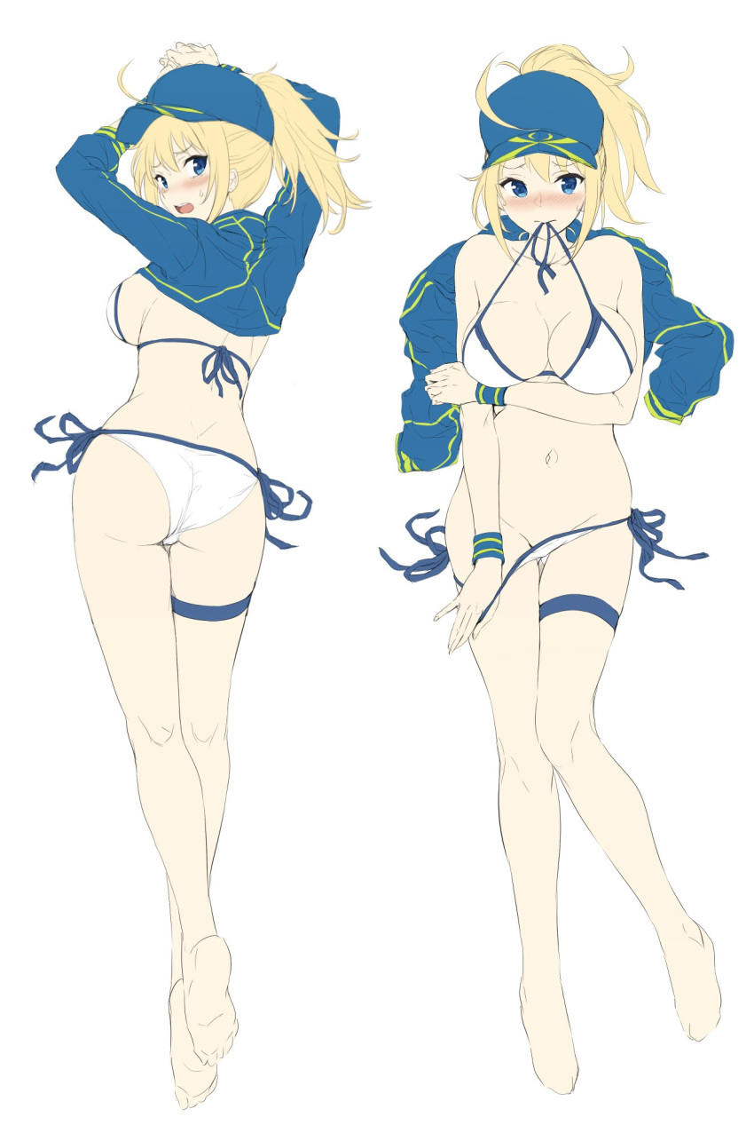 ahoge akita_hika artoria_pendragon_(all) ass ass_visible_through_thighs baseball_cap bikini blonde_hair blue_eyes blue_hat blush breasts cleavage commentary_request fate/grand_order fate_(series) full_body hair_through_headwear hat highres large_breasts long_hair looking_at_viewer mysterious_heroine_xx_(foreigner) navel ponytail shrug_(clothing) side-tie_bikini simple_background solo swimsuit white_background white_bikini work_in_progress
