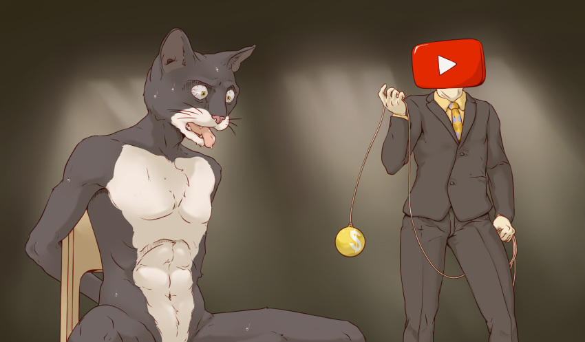 9x9 anthro ballbusting cat chair clothing cock_and_ball_torture duo feline hi_res humanoid male mammal muscular muscular_male nude object_head personification suit sweat youtube