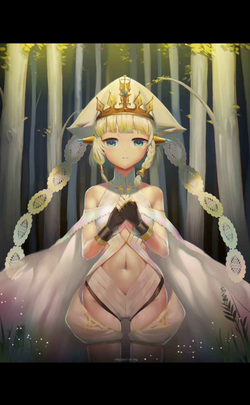 absurdres artist_name bare_shoulders black_gloves blonde_hair blue_eyes braid breasts character_request english eyebrows_visible_through_hair fingerless_gloves forest gloves haapi_jang_p hat highres looking_at_viewer medium_breasts nature navel outdoors own_hands_together parted_lips pillarboxed shinnazuki solo standing tree white_hat