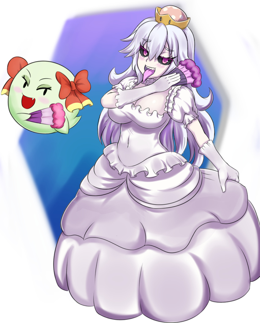 :d black_sclera blush breasts commentary covered_navel crown dress english_commentary eyebrows_visible_through_hair eyes_visible_through_hair fan fang frilled_dress frills gloves hair_between_eyes highres long_hair looking_at_viewer luigi's_mansion mario_(series) medium_breasts nav new_super_mario_bros._u_deluxe open_mouth pink_eyes princess_king_boo puffy_short_sleeves puffy_sleeves purple_tongue resaresa sharp_teeth short_sleeves silver_hair simple_background skirt_hold smile super_crown teeth tongue tongue_out white_background white_dress white_gloves white_skin