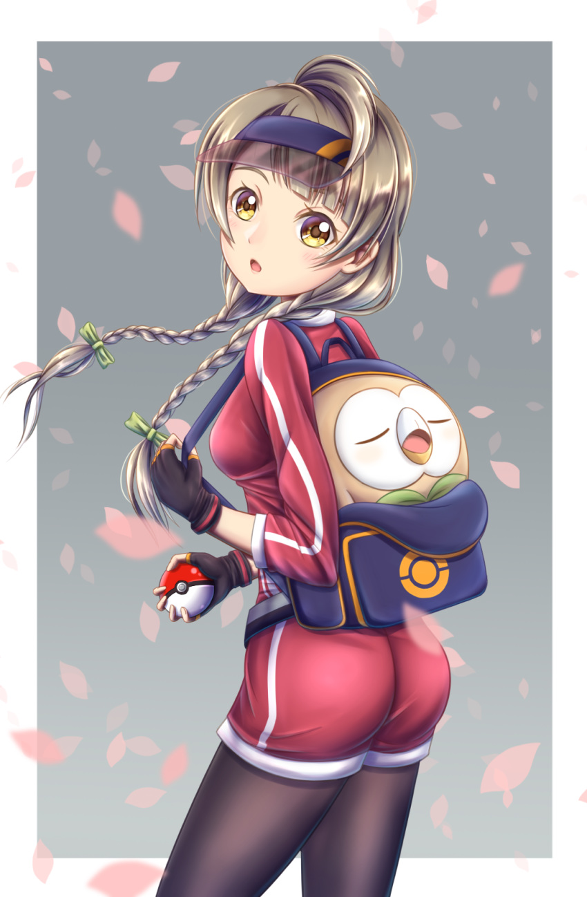 ass backpack bag black_gloves black_legwear bow braid breasts brown_hair cosplay female_protagonist_(pokemon_go) female_protagonist_(pokemon_go)_(cosplay) fingerless_gloves floating_hair from_behind gloves green_bow hair_bow head_tilt highres holding holding_poke_ball jacket long_hair looking_at_viewer love_live! love_live!_school_idol_project minami_kotori open_mouth pantyhose pantyhose_under_shorts poke_ball pokemon pokemon_go red_jacket red_jumpsuit rowlet shiny shiny_hair short_jumpsuit small_breasts solo standing tsukimi_seiya twin_braids yellow_eyes