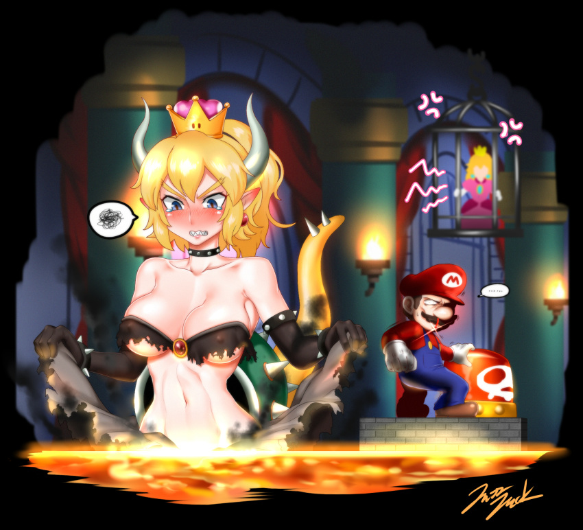 2girls anger_vein armlet bare_shoulders blonde_hair blood blue_eyes blush bowsette bracelet burnt_clothes buttons cage castle collar crown dress earrings highres horns jazzjack jewelry mario mario_(series) molten_rock multiple_girls new_super_mario_bros._u_deluxe nosebleed pointy_ears ponytail princess_peach sharp_teeth spiked_bracelet spiked_collar spikes super_crown super_mario_bros. tail tears teeth torch turtle_shell