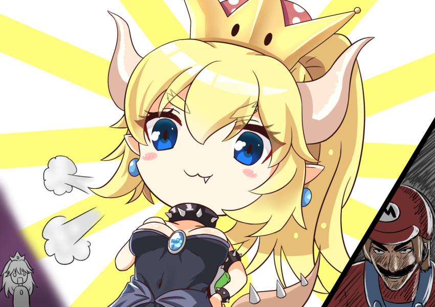 2girls :3 bangs black_dress blonde_hair blue_eyes blush_stickers bowsette bracelet breasts brown_hair closed_mouth collar color_drain commentary crown dress earrings eyebrows_visible_through_hair fang fang_out flat_cap hair_between_eyes hat horns jewelry just_as_planned long_hair mario mario_(series) medium_breasts mini_crown multiple_girls new_super_mario_bros._u_deluxe overalls pointy_ears princess_peach red_hat red_shirt shirt spiked_bracelet spiked_collar spiked_tail spikes strapless strapless_dress sunburst super_crown super_mario_bros. synn032 tail turtle_shell