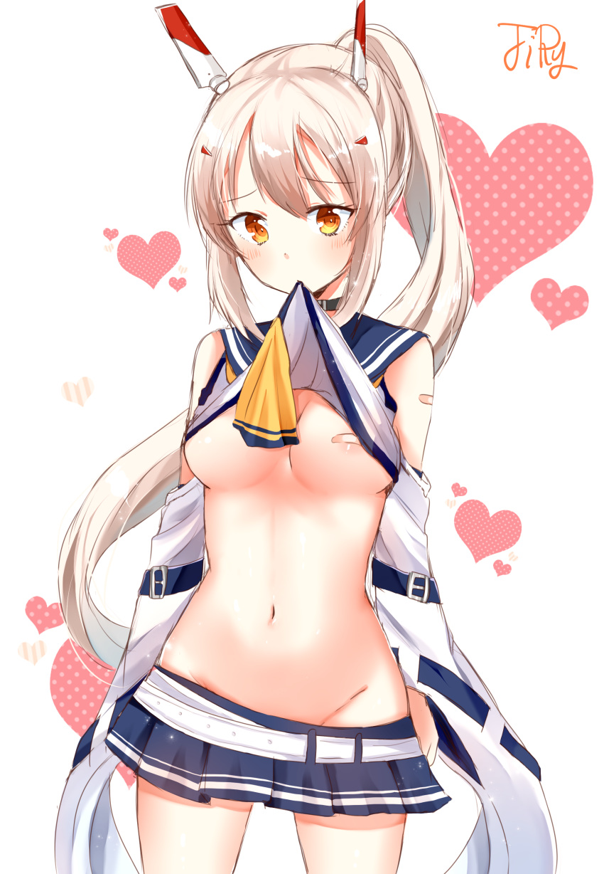 absurdres areolae ayanami_(azur_lane) azur_lane bandaid bandaid_on_arm bandaids_on_nipples bare_shoulders belt blue_sailor_collar blue_skirt breasts brown_eyes bunnyjiry_(jirynyang) commentary cowboy_shot crop_top detached_sleeves groin hair_ornament headgear heart high_ponytail highres light_brown_hair long_hair long_sleeves medium_breasts miniskirt mouth_hold navel pasties pleated_skirt polka_dot ponytail sailor_collar school_uniform serafuku shirt shirt_in_mouth shirt_lift signature sketch skirt sleeveless sleeveless_shirt solo symbol_commentary very_long_hair white_belt white_shirt yellow_neckwear