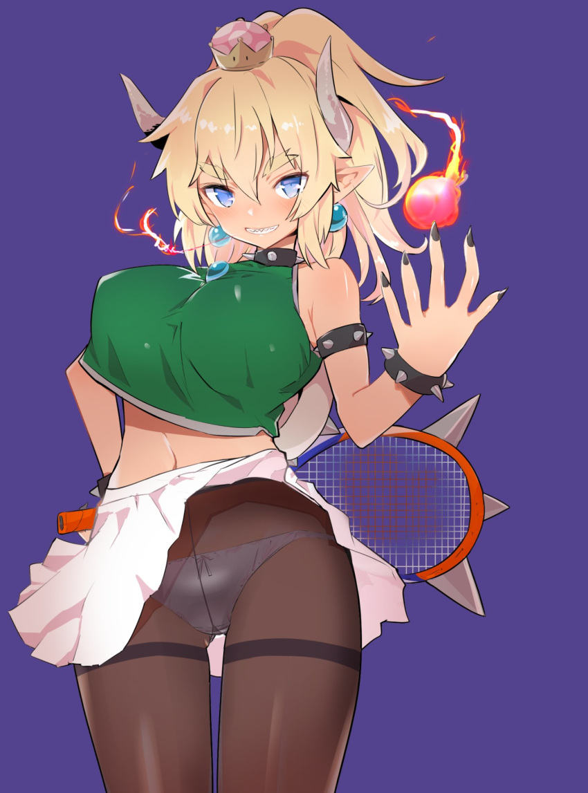 alternate_costume armlet ass_visible_through_thighs ball black_collar black_nails blonde_hair blue_earrings blue_eyes blush bow bow_panties bowsette bracelet breasts breathing_fire brooch brown_legwear caburi collar commentary_request crop_top crop_top_overhang crotch_seam earrings fingernails fire forked_eyebrows gem green_shirt grin gusset hair_between_eyes hand_on_hip highres horns jewelry large_breasts long_fingernails long_hair looking_at_viewer mario_(series) mario_tennis midriff miniskirt nail_polish navel new_super_mario_bros._u_deluxe panties panties_under_pantyhose pantyhose pantyshot pantyshot_(standing) pink_skirt pleated_skirt pointy_ears ponytail purple_background racket sharp_fingernails sharp_teeth shirt skirt skirt_lift sleeveless sleeveless_shirt smile solo spiked_armlet spiked_bracelet spiked_collar spiked_shell spikes standing stomach super_crown tan teeth tennis_ball tennis_racket thick_eyebrows thigh_gap thighband_pantyhose turtle_shell underwear white_panties white_skirt
