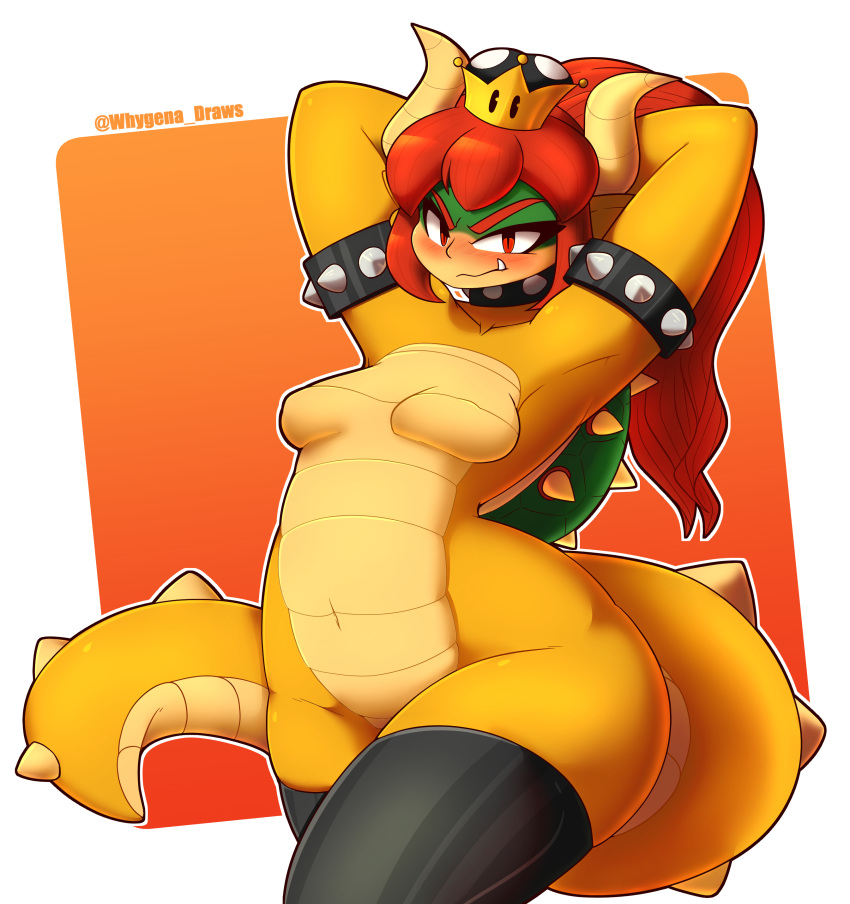 2018 absurd_res anthro blush bowser breasts clothing crossgender fangs featureless_breasts female hair hi_res horn koopa legwear long_hair looking_at_viewer mario_bros nintendo nipple_bulge red_eyes red_hair scalie solo super_crown thick_thighs thigh_highs video_games whygena