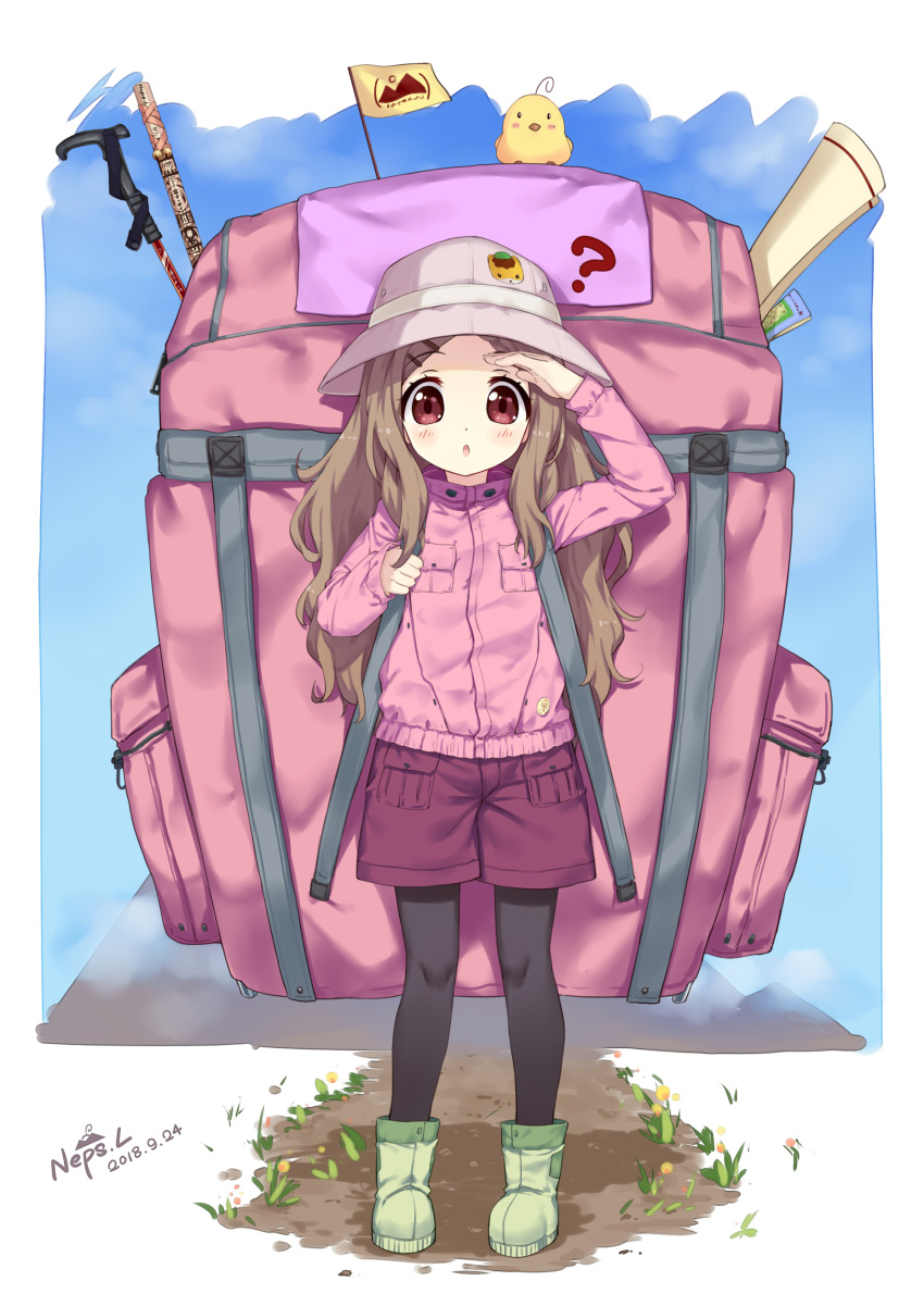 :o ? absurdres animal aoba_kokona arm_up backpack bag bangs bird black_legwear blue_sky blush boots brown_hair chick chinese_commentary cloud commentary_request dated day eyebrows_visible_through_hair flag forehead full_body green_footwear hair_ornament hairclip hat highres jacket long_hair long_sleeves mountain neps-l pantyhose parted_bangs parted_lips path pigeon-toed pink_hat pink_jacket red_eyes red_shorts road shading_eyes short_shorts shorts signature sky sleeves_past_wrists solo standing very_long_hair yama_no_susume