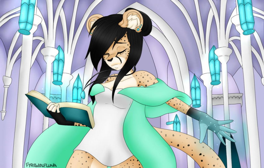 black_hair book breasts cathedral cheetah church cleavage clothed clothing dress ear_piercing english_text feline female fur fyrewolfluna hair healer holding_object jewelry long_hair magic mammal necklace piercing signature spots spotted_fur standing text zeliska