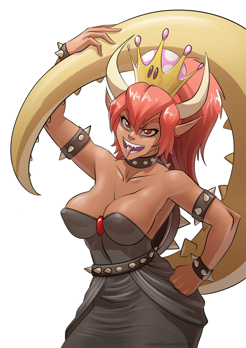 2018 absurd_res alternate_species animal_humanoid bowser bowsette_meme breasts clothed clothing crossgender dark_skin digital_media_(artwork) dress female hair hi_res horn humanoid humanoidized long_hair looking_at_viewer mario_bros nintendo open_mouth pointy_ears red_eyes red_hair simple_background solo super_crown tongue tongue_out underpable video_games white_background