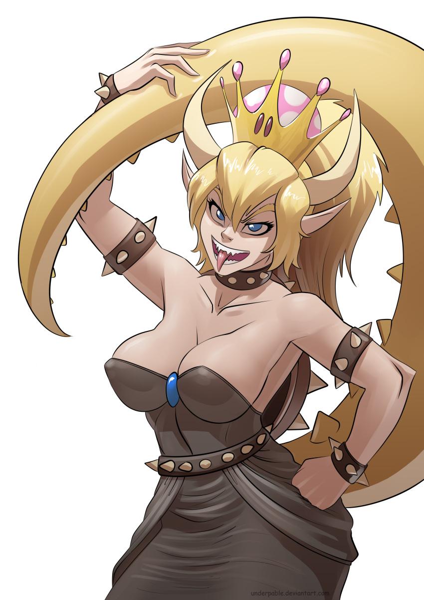 2018 absurd_res alternate_species animal_humanoid blonde_hair blue_eyes bowser bowsette_meme breasts clothed clothing crossgender digital_media_(artwork) dress female hair hi_res horn humanoid humanoidized long_hair looking_at_viewer mario_bros nintendo open_mouth pointy_ears simple_background solo super_crown tongue tongue_out underpable video_games white_background