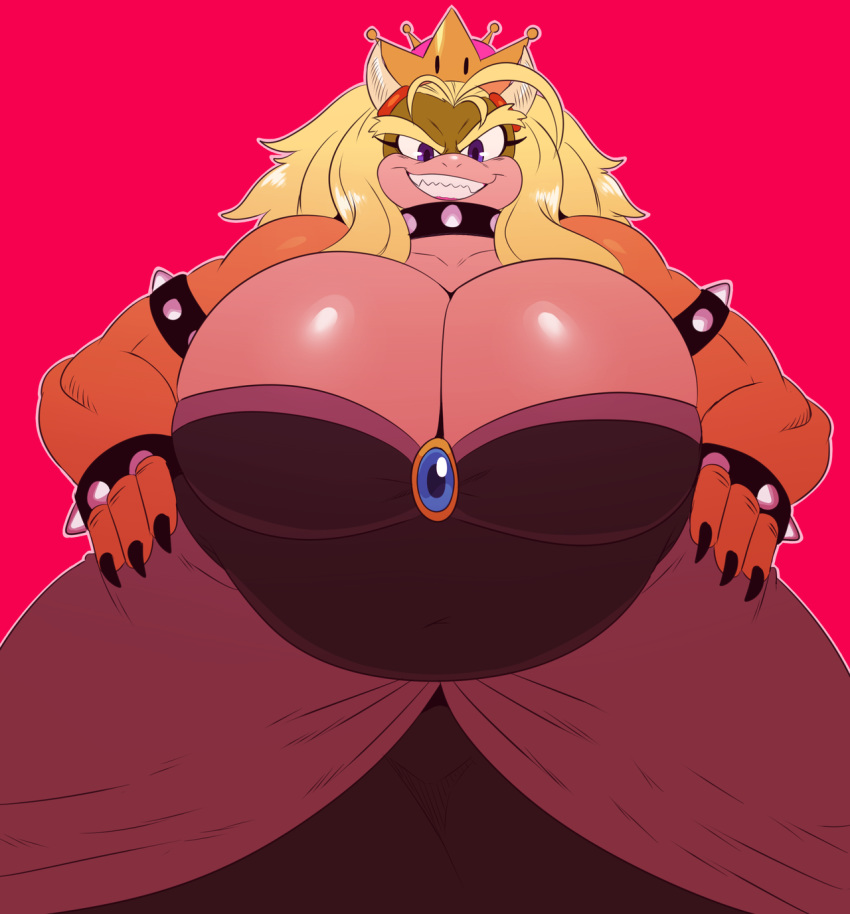 alternate_species anthro big_breasts bowser breasts cleavage clothed clothing collar crossgender female huge_breasts koopa mario_bros muscular nintendo scalie slightly_chubby spiked_collar spikes sssonic2 super_crown video_games wide_hips