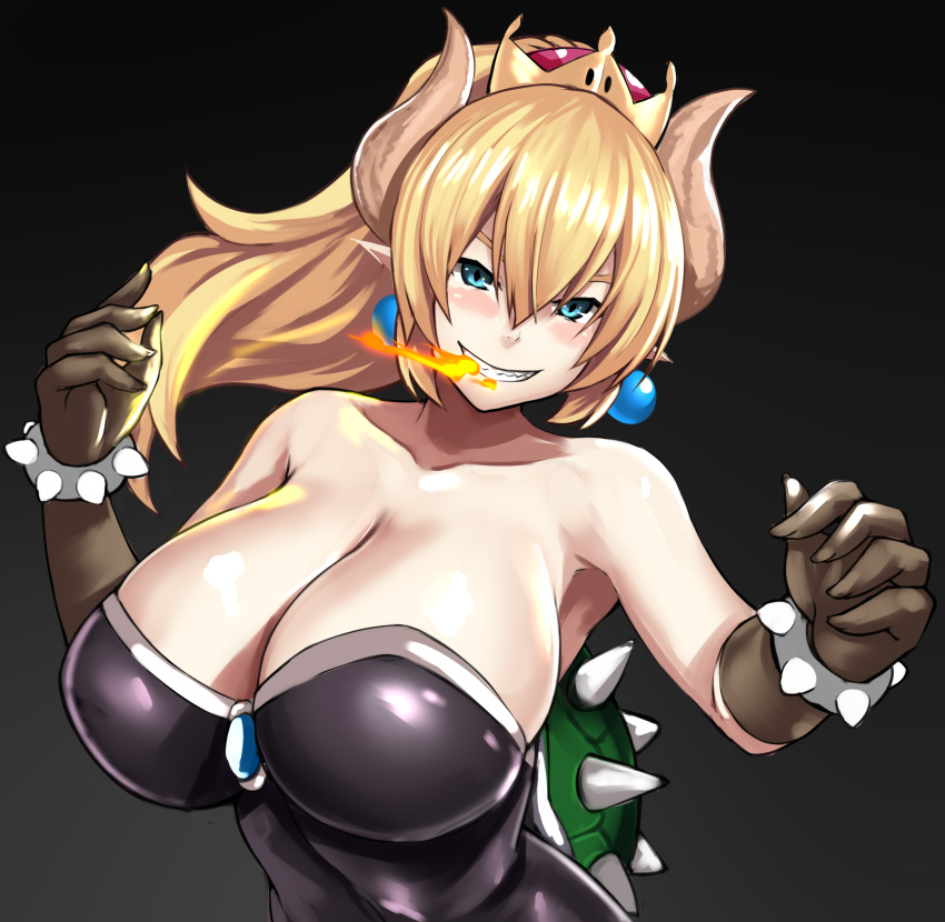 absurdres bare_shoulders blonde_hair blush bowsette bracelet breasts breathing_fire cleavage commentary_request crown dress earrings elbow_gloves fire gloves grin hair_between_eyes highres horns huge_breasts impossible_clothes impossible_dress jewelry long_hair mario_(series) new_super_mario_bros._u_deluxe ponytail sharp_teeth shiny shiny_skin smile solo spiked_bracelet spikes strapless strapless_dress super_crown teeth turtle_shell yashichii