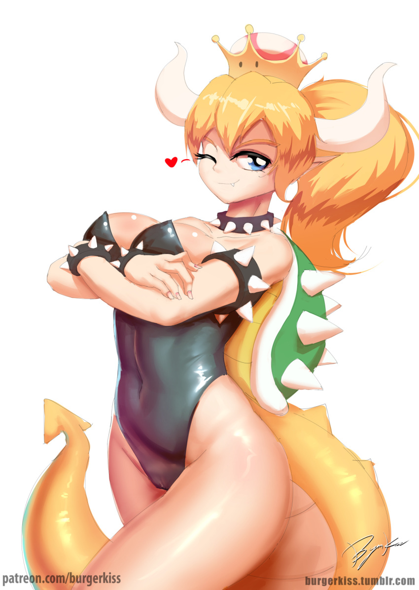 2018 animal_humanoid bowser bowsette_meme breasts burgerkiss clothed clothing collar crossgender female hair hi_res horn humanoid koopa looking_at_viewer mario_bros nintendo one_eye_closed scalie simple_background solo spiked_collar spikes super_crown video_games white_background