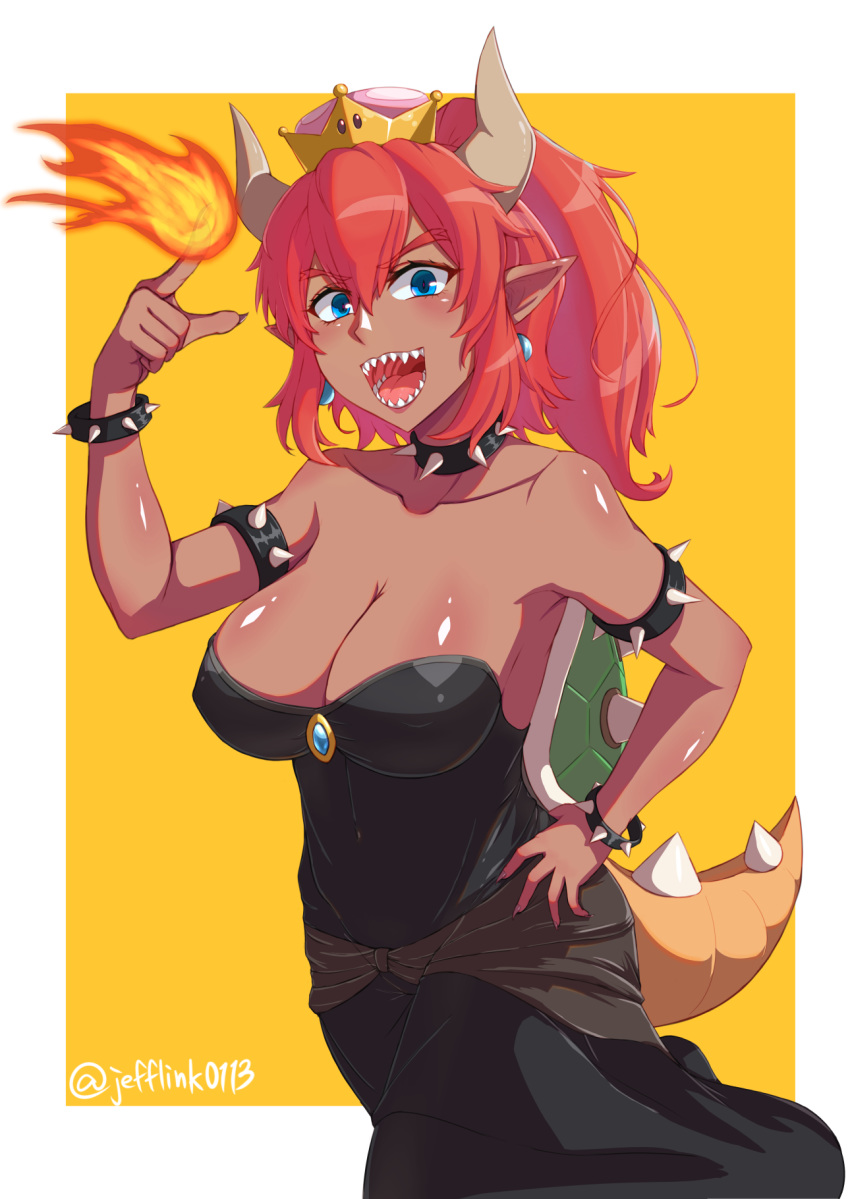 bare_shoulders black_dress blue_eyes bowsette bracelet breasts cleavage collar collarbone crown dark_skin dress earrings hand_on_hip highres horns index_finger_raised jefflink jewelry large_breasts looking_at_viewer mario_(series) new_super_mario_bros._u_deluxe open_mouth pointy_ears ponytail red_hair sharp_teeth spiked_armlet spiked_bracelet spiked_collar spikes super_crown tail teeth twitter_username yellow_background