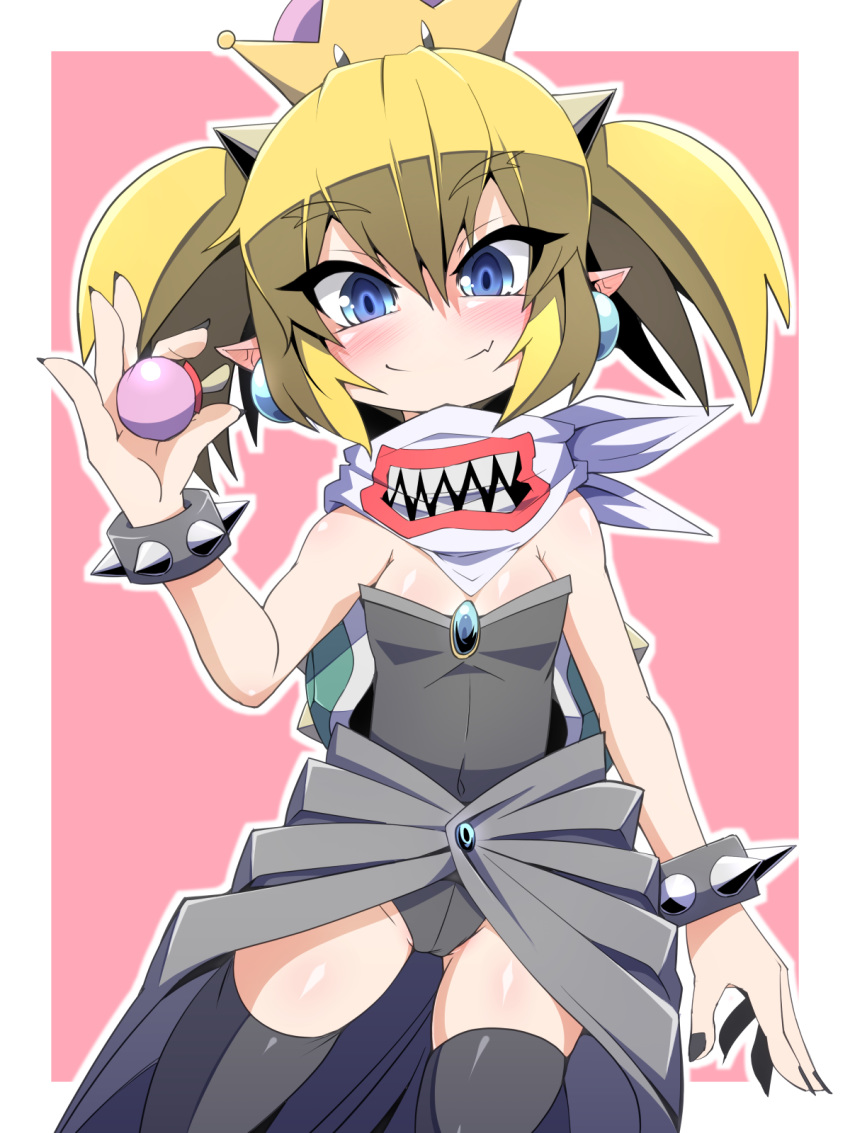 bib black_legwear blonde_hair blue_eyes bowsette_jr. bracelet crown fang_out highres horns jewelry leotard mario_(series) moyachii nail_polish new_super_mario_bros._u_deluxe pointy_ears smile spiked_bracelet spikes super_crown thighhighs twintails