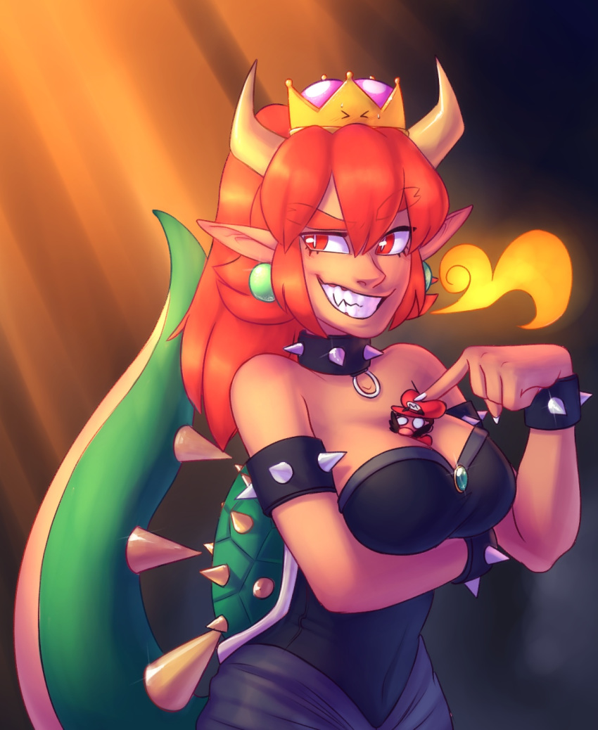 2018 alternate_species animal_humanoid big_breasts bowser bowsette_meme breasts clothed clothing collar crossgender digital_media_(artwork) female hair hi_res horn humanoid kirandash mammal mario mario_bros nintendo simple_background size_difference smile spiked_collar spikes super_crown teeth video_games