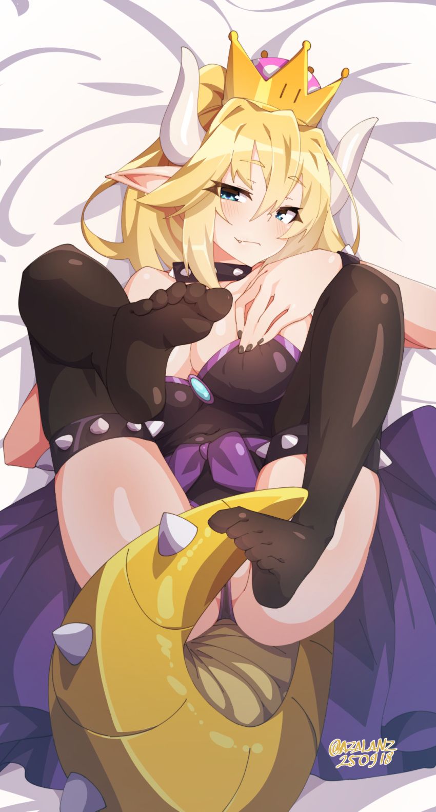 :3 artist_name bed_sheet black_legwear black_nails blonde_hair blue_eyes bowsette bracelet breasts collar commentary crown dated dress eyebrows_visible_through_hair eyes_visible_through_hair fang fang_out feet hair_between_eyes highres horns jewelry large_breasts legs_up long_hair looking_at_viewer lying mario_(series) nail_polish new_super_mario_bros._u_deluxe no_shoes on_back partially_visible_vulva pointy_ears ponytail smile solo spiked_bracelet spiked_collar spiked_tail spikes strapless strapless_dress super_crown tail tail_censor thighhighs tilt-shift toes