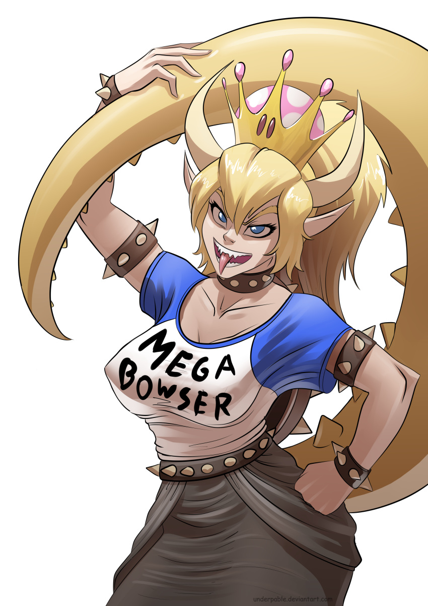 2018 absurd_res alternate_species animal_humanoid blonde_hair blue_eyes bowser bowsette_meme breasts clothed clothing crossgender digital_media_(artwork) english_text female hair hi_res horn humanoid humanoidized long_hair looking_at_viewer mario_bros nintendo open_mouth pointy_ears shirt simple_background solo super_crown text tongue tongue_out underpable video_games white_background