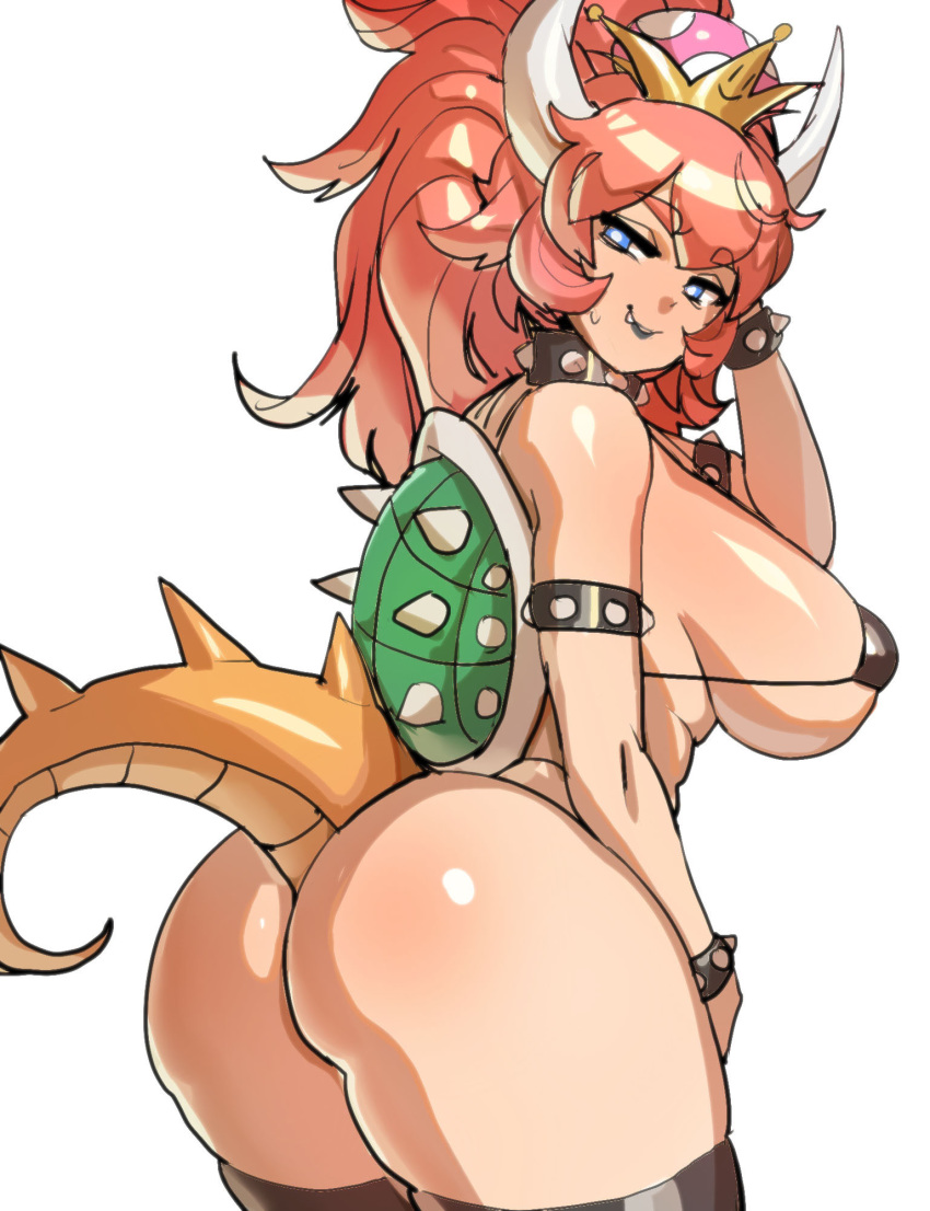ass bikini black_bikini black_legwear black_lipstick blue_eyes bowsette bracelet breasts collar crown eyebrows_visible_through_hair fang fang_out highres horns jewelry large_breasts lipstick long_hair looking_back makeup maniacpaint mario_(series) micro_bikini new_super_mario_bros._u_deluxe ponytail red_hair seductive_smile smile solo spiked_bracelet spiked_collar spikes super_crown swimsuit tail thighhighs thighs turtle_shell