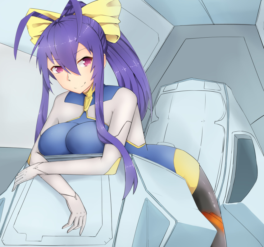 antenna_hair bangs blazblue blue_hair bodysuit bow breast_press breast_rest breasts cockpit crossed_arms genderswap genderswap_(mtf) hair_between_eyes hair_bow hair_ribbon highres large_breasts long_hair looking_to_the_side mai_natsume nom_(nomhun) patterned_clothing pilot pilot_suit ponytail purple_eyes ribbon science_fiction sidelocks skin_tight smile yellow_bow
