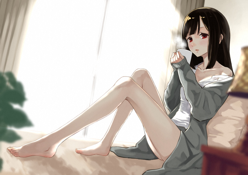 ashiya_hiro bangs bare_legs bare_shoulders barefoot bed black_hair blurry blurry_background coffee_mug collarbone commentary_request cup day depth_of_field dutch_angle grey_jacket head_tilt highres holding holding_cup jacket long_hair looking_at_viewer mug on_bed open_clothes open_jacket original parted_lips pillow red_eyes sleeves_past_wrists solo steam strap_slip sunlight tank_top toenails white_tank_top window