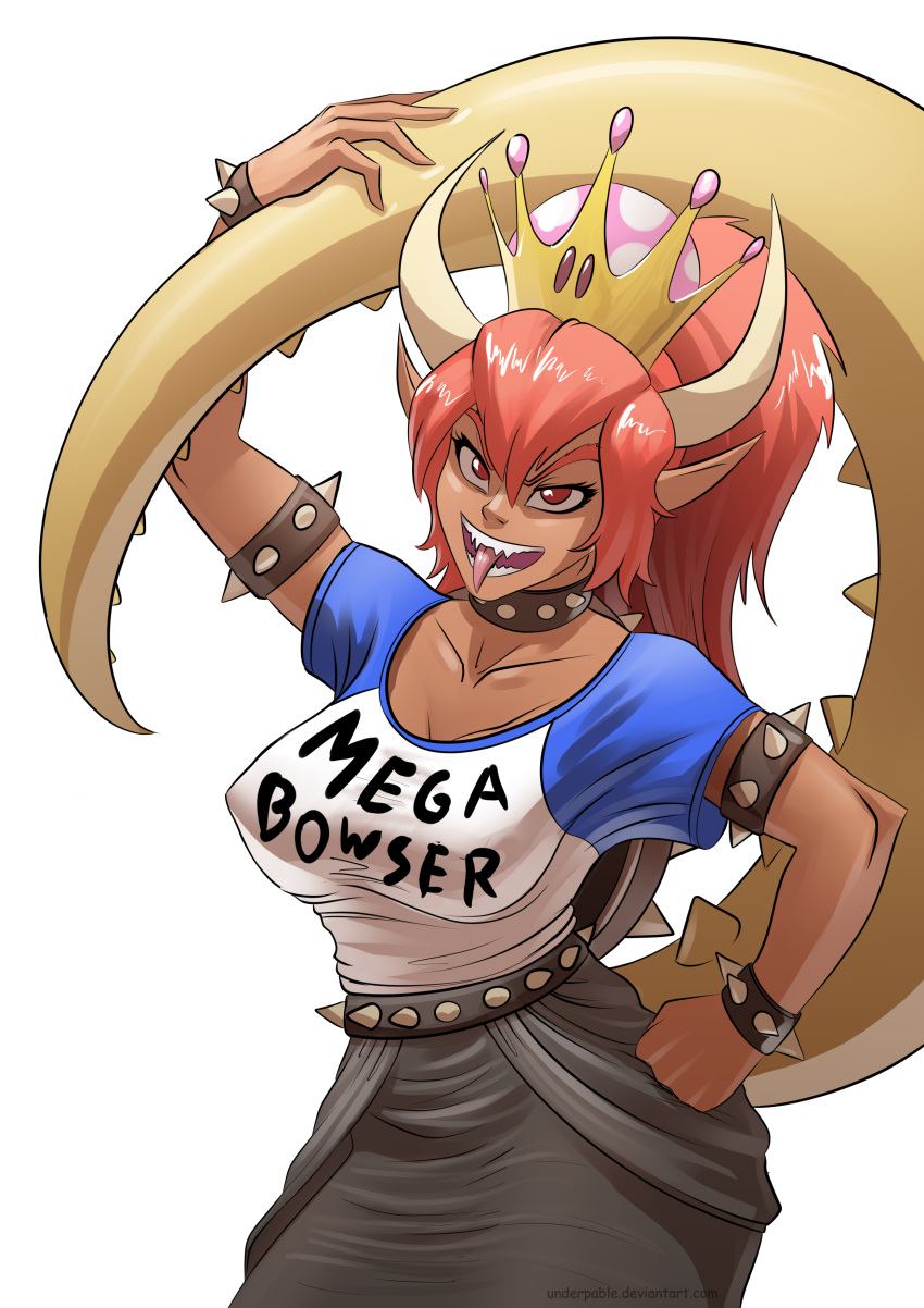 absurdres alternate_color arm_up black_skirt bowsette bracelet breasts cleavage collar crown dark_skin earrings hair_between_eyes hand_on_hip high_ponytail highres horns jewelry large_breasts looking_at_viewer mario_(series) mega_milk new_super_mario_bros._u_deluxe red_eyes red_hair sharp_teeth shirt short_sleeves skirt solo spiked_armlet spiked_belt spiked_bracelet spiked_collar spikes super_crown t-shirt tail teeth thick_eyebrows tongue tongue_out underpable watermark web_address white_background