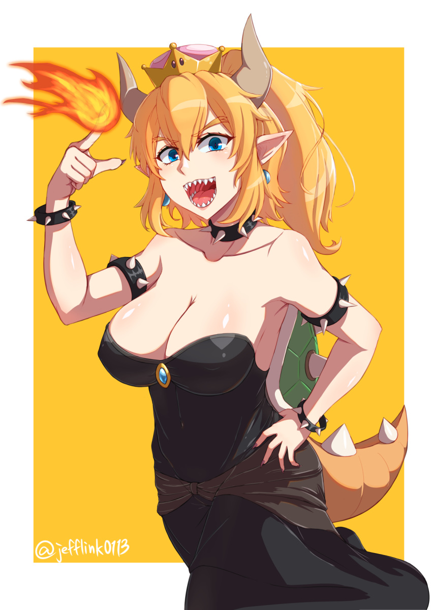 bare_shoulders black_dress blonde_hair blue_eyes bowsette bracelet breasts cleavage collar collarbone crown dress earrings fire hand_on_hip highres horns index_finger_raised jefflink jewelry large_breasts looking_at_viewer mario_(series) new_super_mario_bros._u_deluxe open_mouth pointy_ears ponytail sharp_teeth short_hair solo spiked_armlet spiked_bracelet spiked_collar spikes super_crown tail teeth twitter_username yellow_background